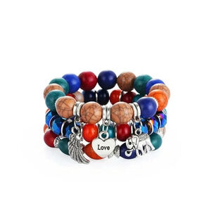 Multilayered Bohemian Bead Elephants & Hearts Silvertoned Charm Stretch Bracelet